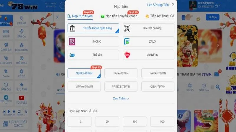 Nạp tiền 78win si&ecirc;u tốc được thực hiện th&ocirc;ng qua đa k&ecirc;nh&nbsp;
