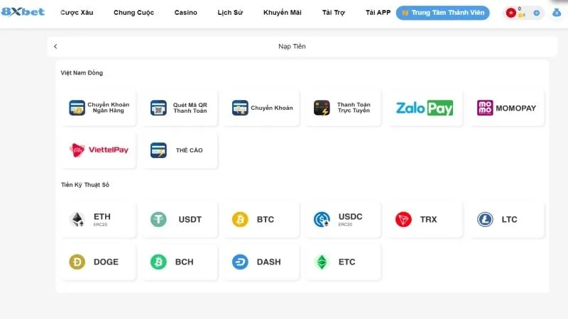 8xbet cung cấp nhiều phương thức giao dịch, thanh to&aacute;n nhanh ch&oacute;ng