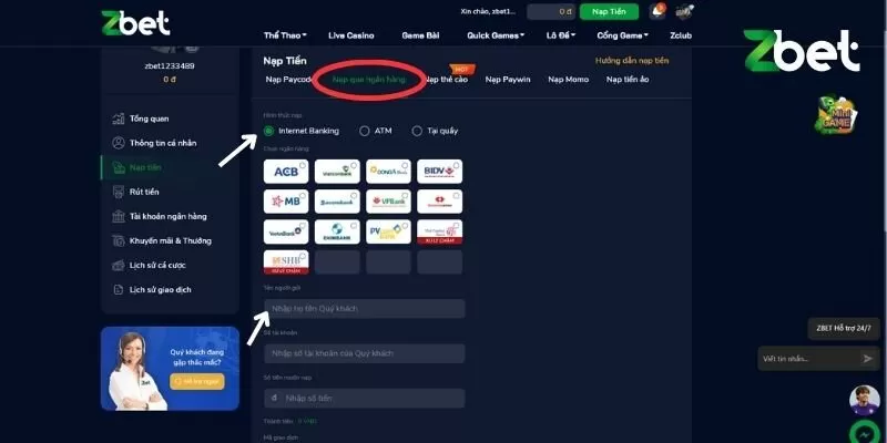 Nạp tiền Zbet bằng phương thức nạp tiền qua ng&acirc;n h&agrave;ng